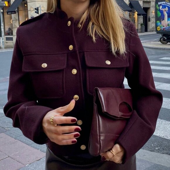 Burgundy Casual Women's Pockets Buttons detailed Jacket - Picture 7 of 8